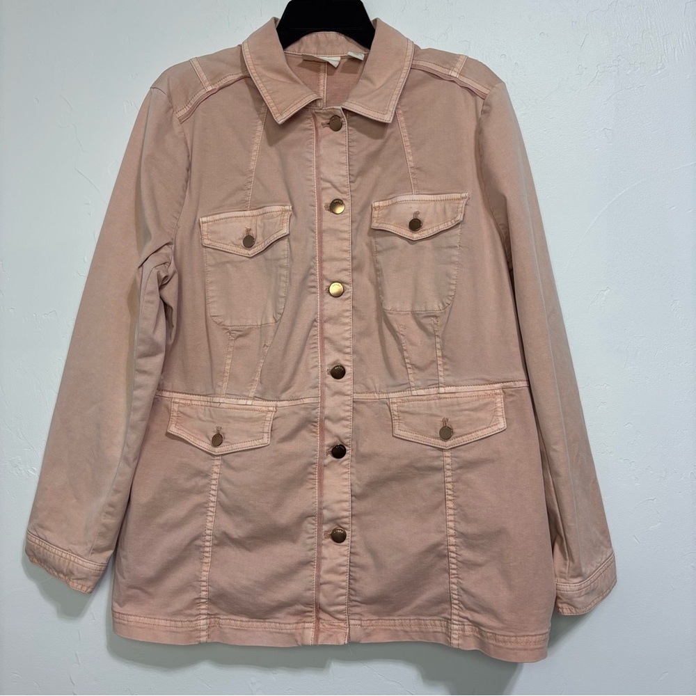 Chico's Size 2 Large Button Front Pink Blazer Jacket Cotton Blend Long Sleeve